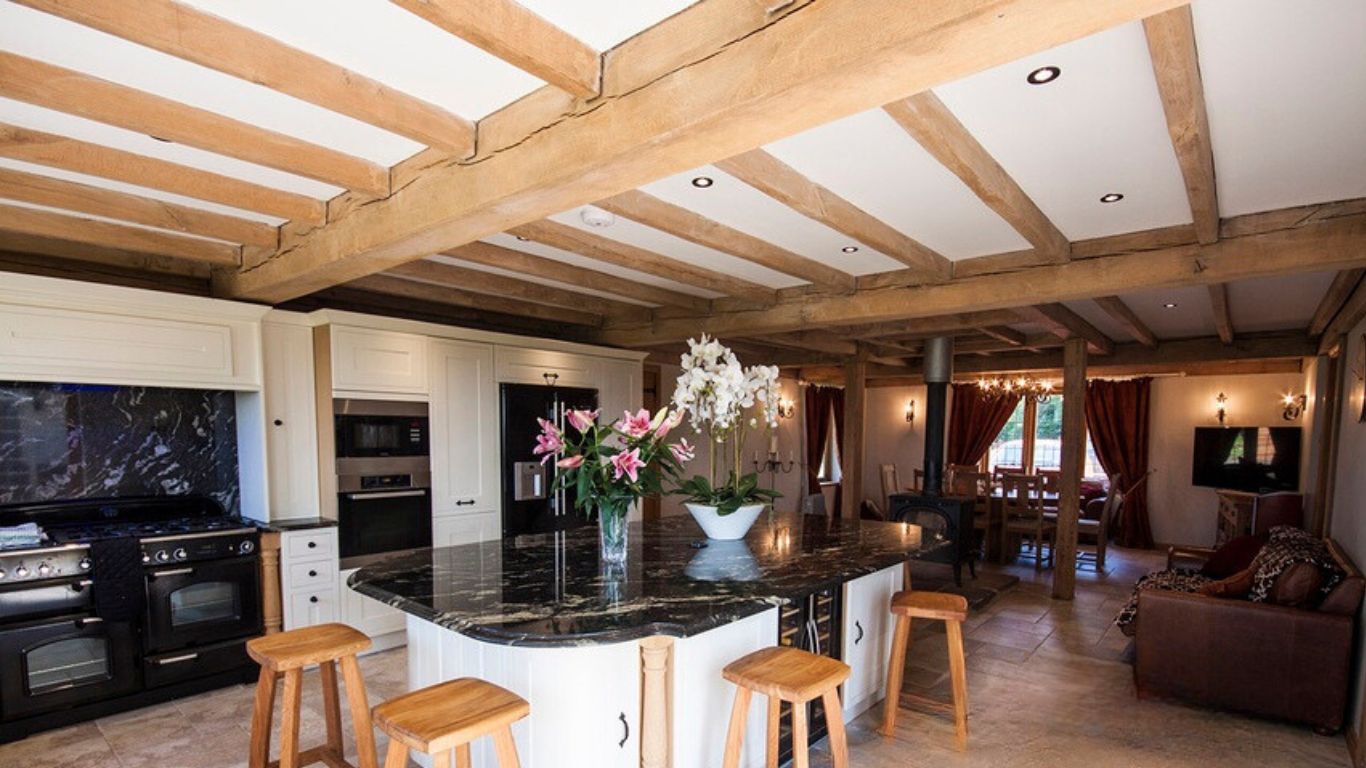 Oak beams in the kitchen, providing structural support and adding character to the space.