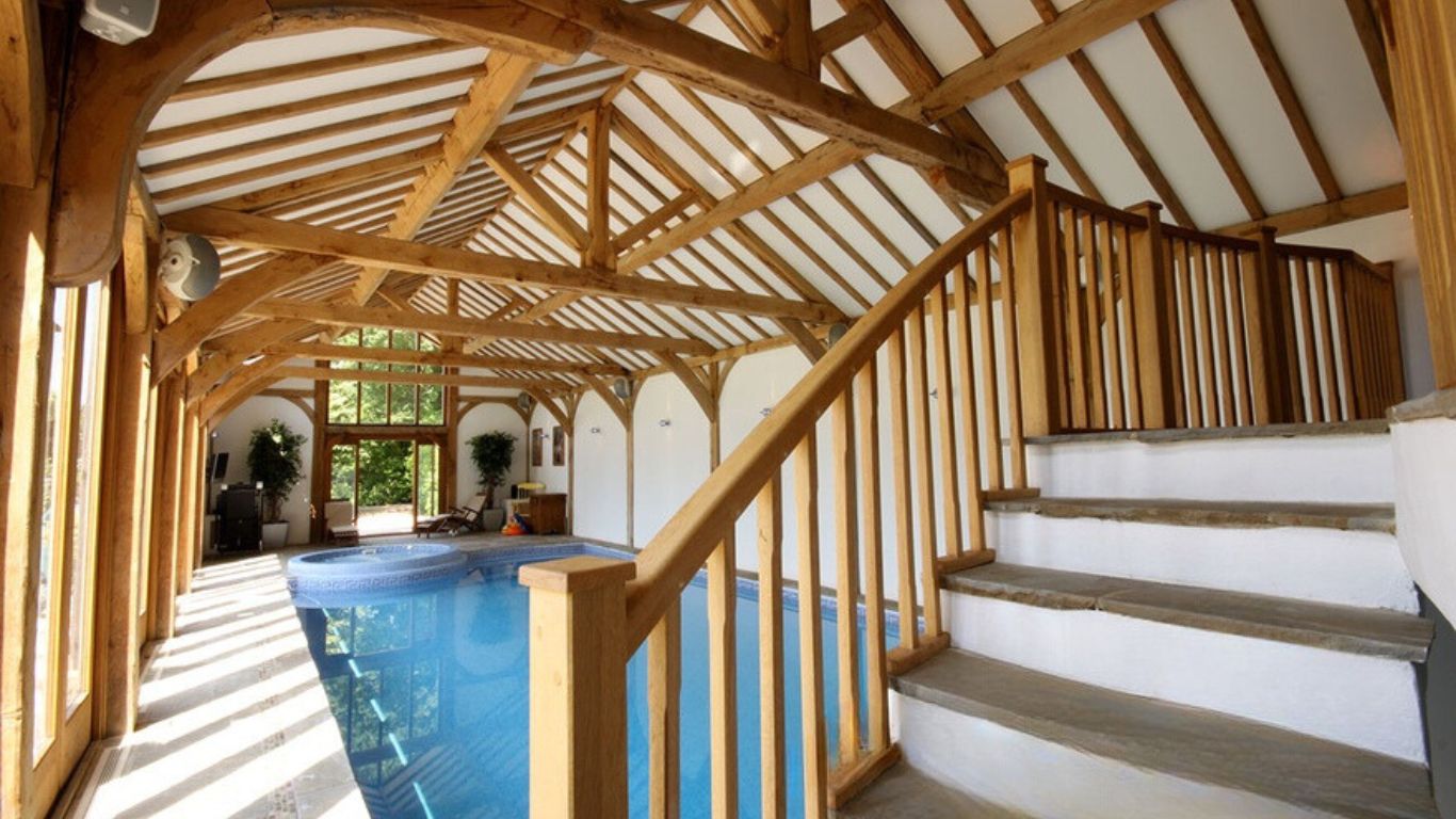 Oak framed pool house with oak staircase