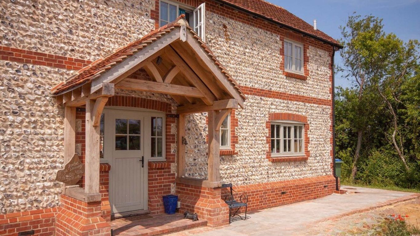 An open oak framed porch made to perfection. Our oak porches enhance the entrance of your home